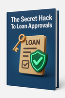 Book titled 'The Secret Hack To Loan Approvals' with a key and shield icon on a blue background