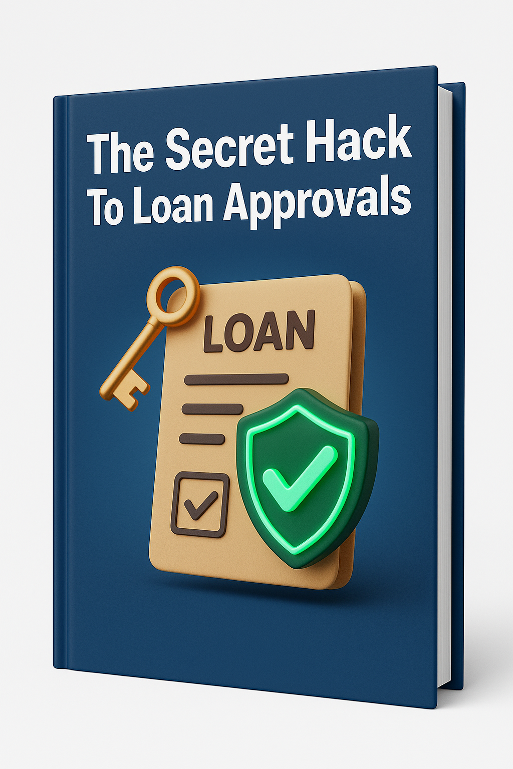 Book titled 'The Secret Hack To Loan Approvals' with a key and shield icon on a blue background