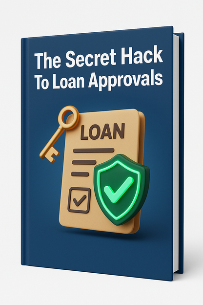 Book titled 'The Secret Hack To Loan Approvals' with a key and shield icon on a blue background