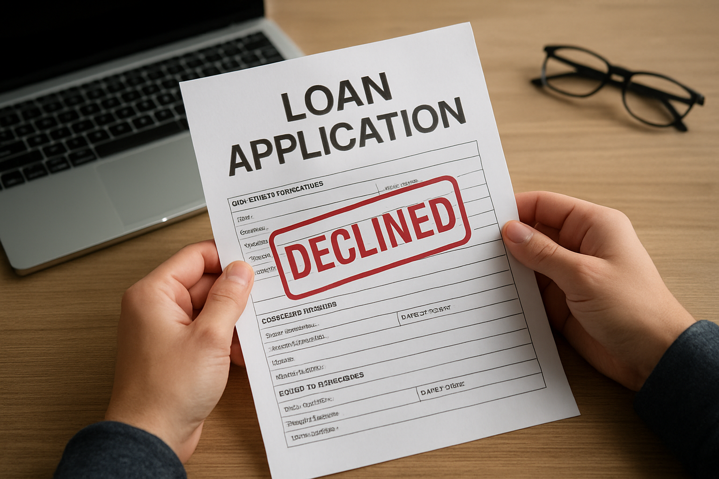 Loan application form with 'DECLINED' stamp held by hands on a desk with laptop and glasses.